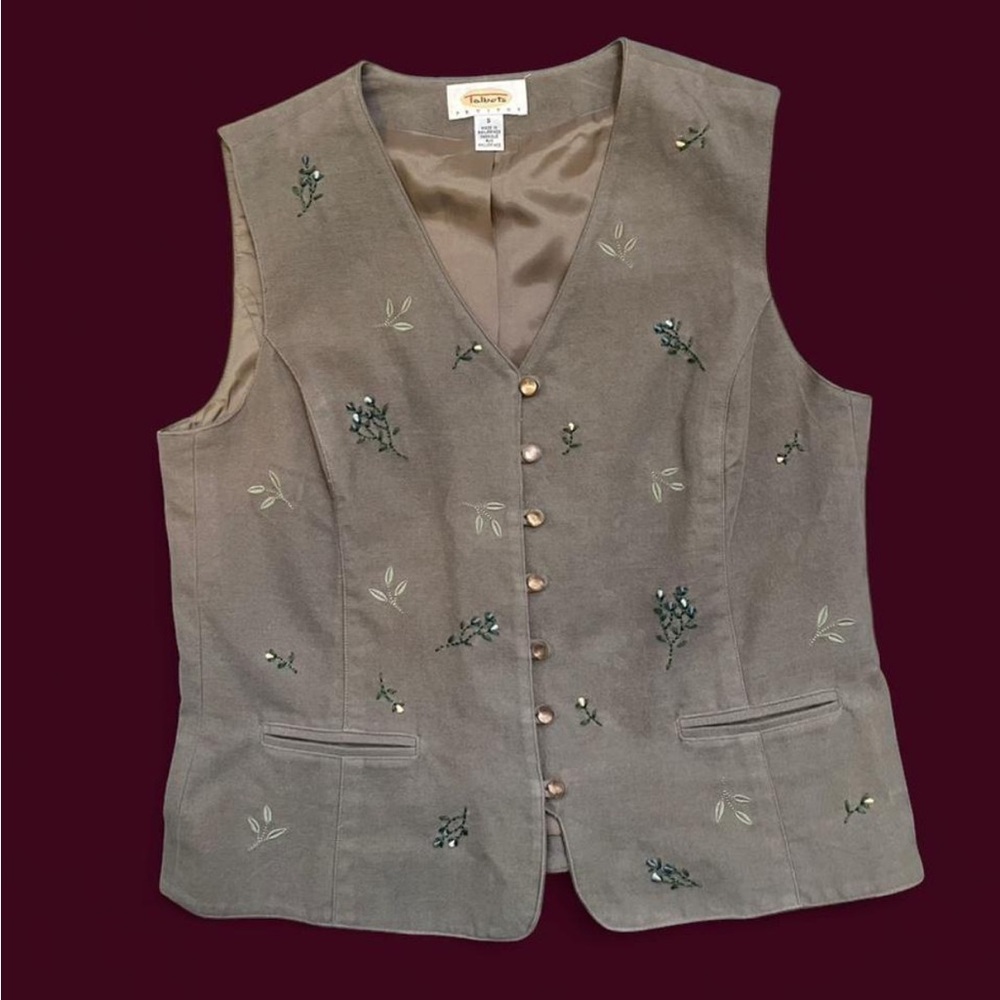 Talbots Khaki Olive Embroidered Floral Vest Size S